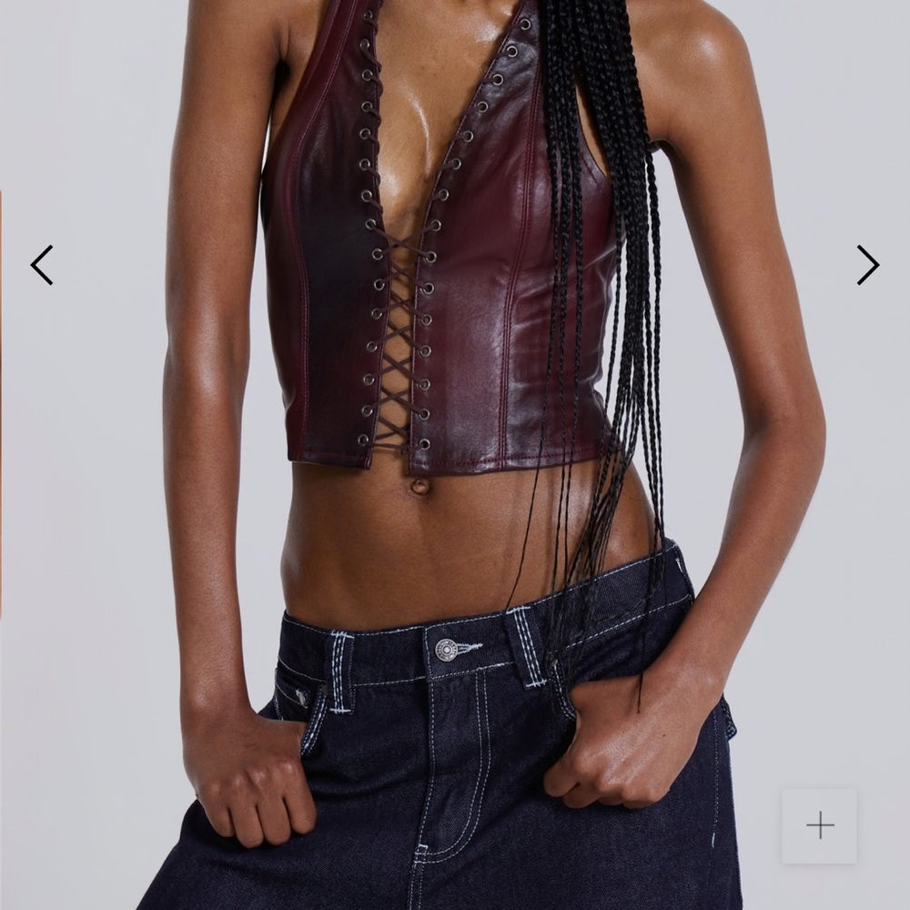 Jaded London Burgundy Leather Lace-Up Tank Top